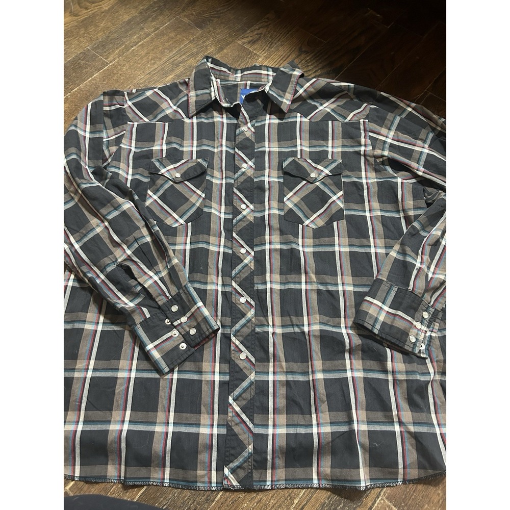 VTG Wrangler Shirt Mens 2XL Black Brown Plaid Pearl Snap Western Cowboy Rodeo‎